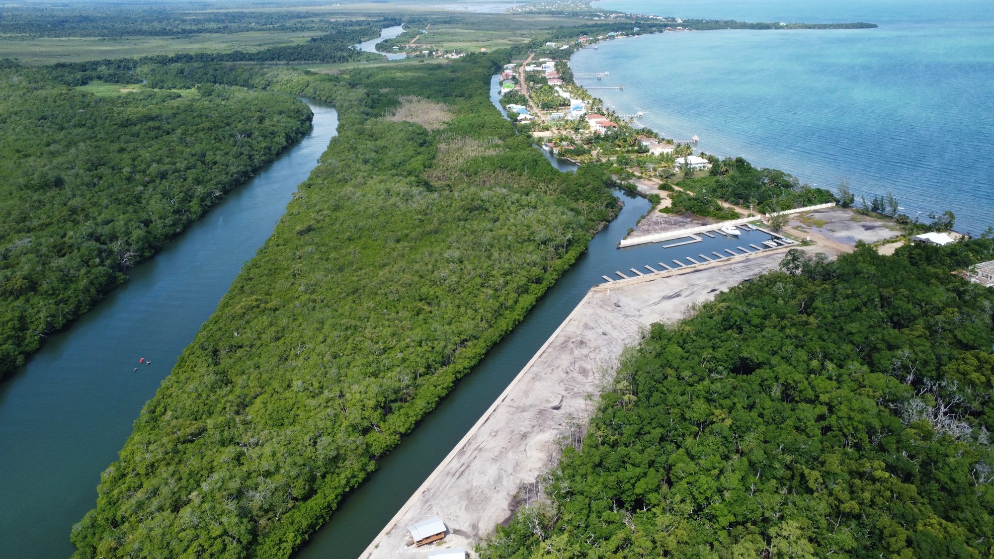 Aerial view of the Mangrove waterway and coastline looking north, Hopkins, Belize